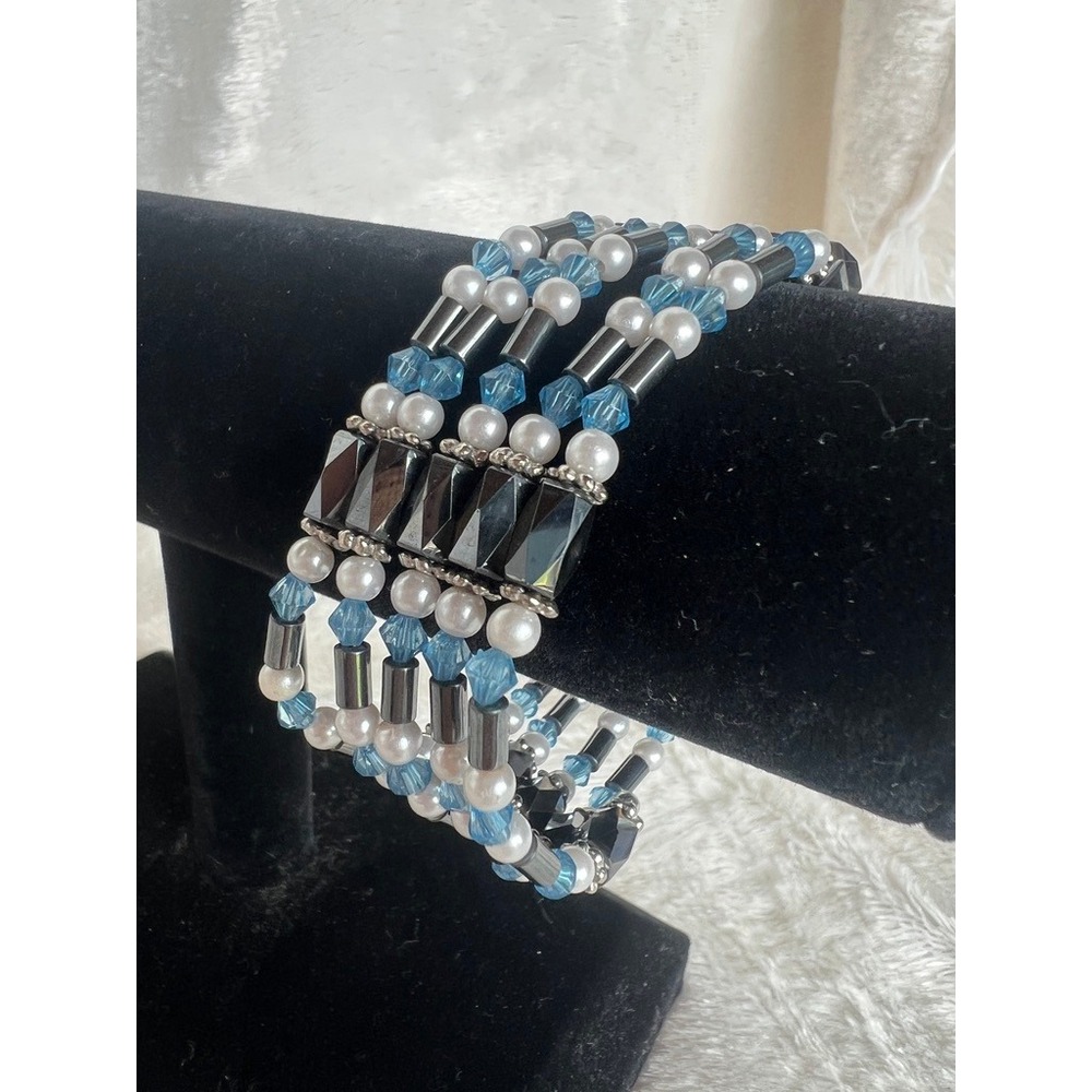 Hematite Wrap Bracelet Magnetic Beaded Multi Strand Faux Pearl Blue Crystal
